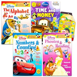 disney princess workbooks super set kindergarten first grade - bundle of 4 workbooks with reward stickers alphabet, reading, time, money, phonics, and more