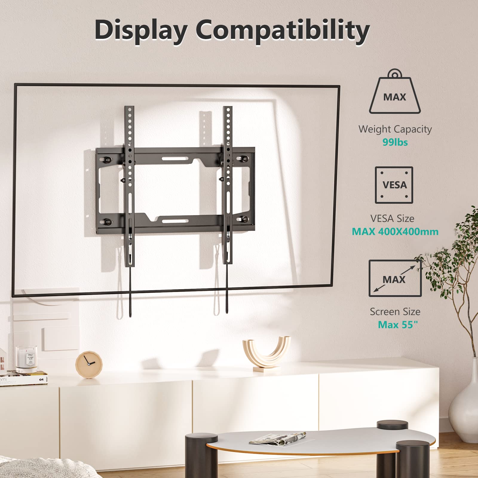 WALI Tilt TV Wall Mount Bracket for Most 26-55 inches LED, LCD, OLED Flat Screen TVs up to 99lbs with Mounting Holes 100x100mm to 400x400mm (TTM-1), Black