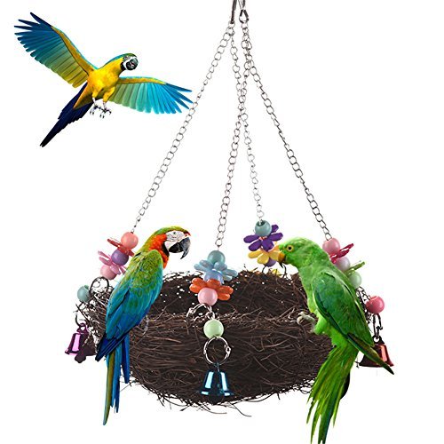 Keersi Natural Rattan Winter Warm Nest Medium Large Bird Swing with Bells for Parrot Parakeet Cockatiel Conure Cockatoo Macaw Amazon African Grey Lovebird Finch Canary Budgie Cage Perch Toy