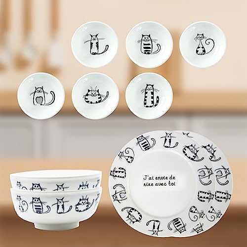 BigNoseDeer Super Cute Cat Ceramic Sauce Dish,Mini Side Seasoning Dish,Condiment Dishes,Sushi Soy Dipping Bowl,Snack Serving Dishes,Meow Porcelain Small Saucer Set(Set of 6)