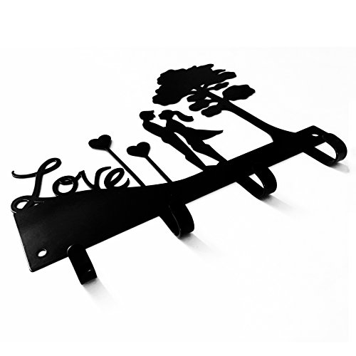 Love Couple Key Holder | Key Holder for Wall | Key Rack Organizer for Entryway and Kitchen - Wall Mount | Housewarming Gift | 4 Hook Key Holder | Black Metal Key Hanger