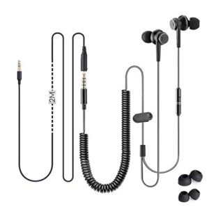 avantree long cord earbuds for tv & pc, 18ft / 5.5m extension cable earphones with mic & extra long spring coil wire, metal stereo in-ear wired bass headphones for 3.5mm audio output devices - hf027