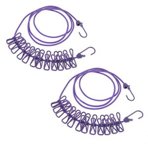 nuzamas 2x clothesline 12 pegs clips portable expandable adjustable retractable airer for camping travel clothes laundry drying outdoor and indoor use purple