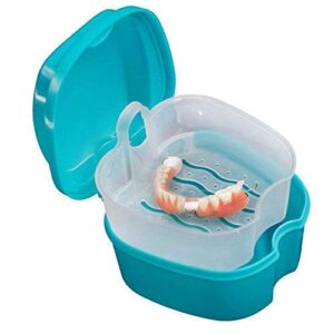 coolrunner denture case, denture cup with strainer, denture bath box false teeth storage box with basket net container holder for travel, retainer cleaning (green)