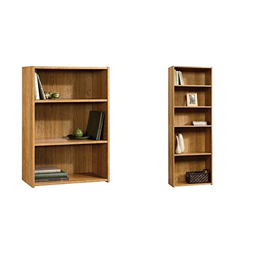 Sauder Beginnings 3-Shelf Bookcase, Highland Oak + Sauder Beginnings 5-Shelf Bookcase, Highland Oak Finish_Bundle