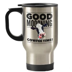 me,myself & i designs cow coffee travel mug good moooning cowfee time 14 oz stainless steel travel tumbler handled gift