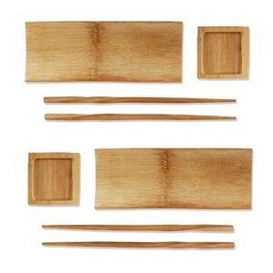 bamboomn 6 piece, 2 sets of 7" reusable, eco-friendly, carbonized brown bamboo sushi serving plates/trays: chopsticks, and soy sauce dishes included!