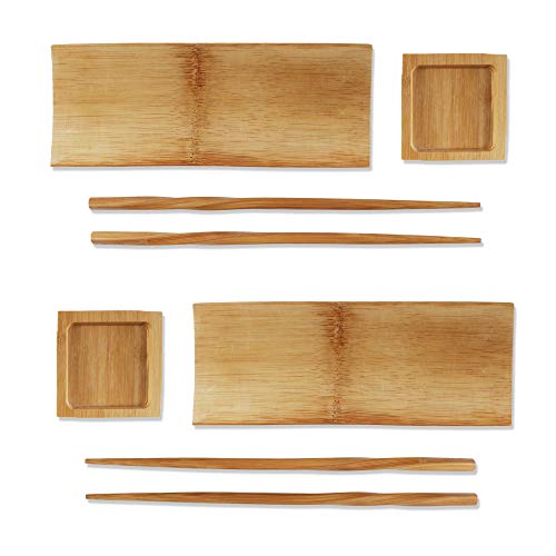 BambooMN 6 Piece, 2 Sets of 7" Reusable, Eco-Friendly, Carbonized Brown Bamboo Sushi Serving Plates/Trays: Chopsticks, and Soy Sauce Dishes Included!