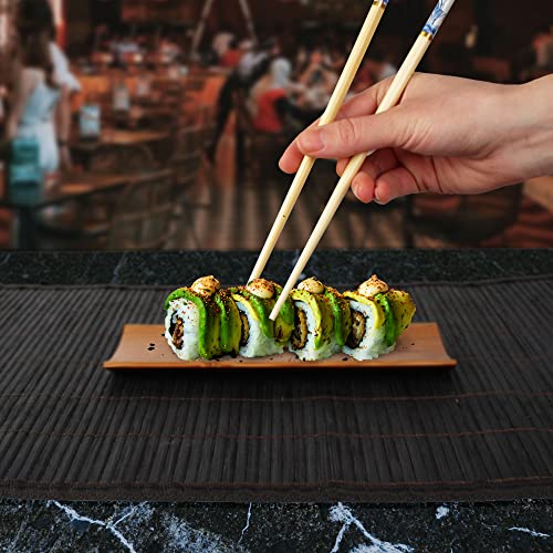 BambooMN 6 Piece, 2 Sets of 7" Reusable, Eco-Friendly, Carbonized Brown Bamboo Sushi Serving Plates/Trays: Chopsticks, and Soy Sauce Dishes Included!