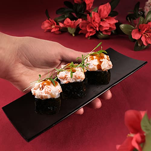 BambooMN 6 Piece, 2 Sets of 7" Reusable, Eco-Friendly, Carbonized Brown Bamboo Sushi Serving Plates/Trays: Chopsticks, and Soy Sauce Dishes Included!