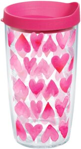 tervis pink hearts all over tumbler with wrap and fuchsia lid 16oz, clear