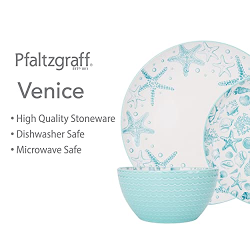 Pfaltzgraff Venice 16-Piece Stoneware Dinnerware Set, Service for 4, Aqua/White -