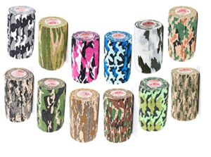 prairie horse supply vet wrap tape bulk (assorted camo colors) (12 pack) (4 inches wide) vet wrap medical first aid tape self adhesive adherent for ankle wrist sprains and swelling