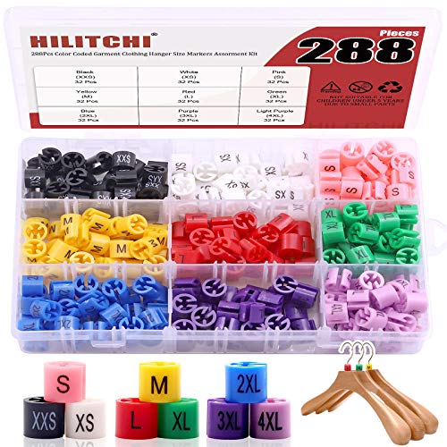 Hilitchi 288-Pcs Clothes Hanger Size Color-Coding Garment Size Markers Kit - 9 Size (XXS - 4XL) - with Storage Box