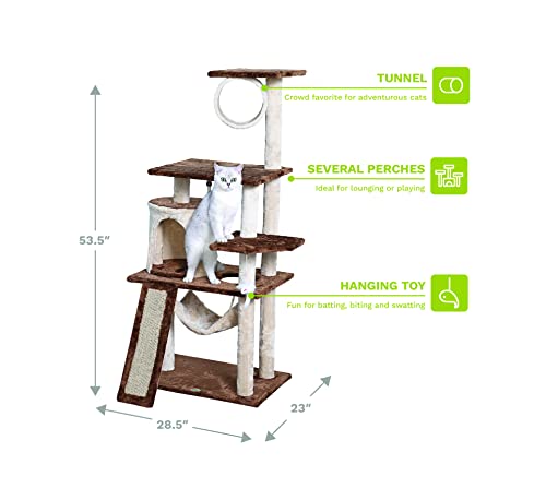 Go Pet Club 53" Cat Tree Kitty Tower Kitten Scratcher Condo House Furniture with Hammock and Tunnel Indoor Cat Activity Center, Beige/Brown