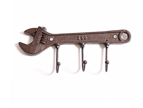 KiaoTime Retro Vintage Key Rack Holder Hooks Cast Iron Wrench Spanner Shape Decorative Wall Mounted Antique Man Cave Garage Tool Holder Coat Hat Hooks Rack Hanger Wall Decor, Fathers Day Men Gifts