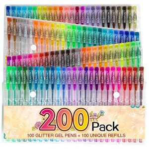 200 glitter gel pen set, 100 gel pens plus 100 refills glitter neon pen for coloring books, craft doodling drawing bullet journal highlighter