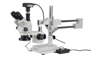 amscope 3.5x-180x simul-focal stereo zoom microscope on boom stand with an led light and 16mp usb3 camera