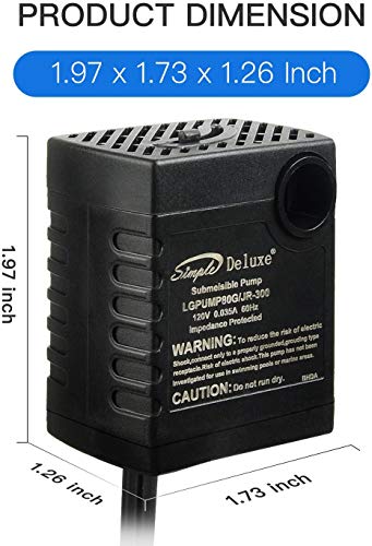 Simple Deluxe 80 GPH Submersible Pump with Adjustable Intake & 6' Waterproof Cord for Hydroponics, Aquaponics, Fountains, Ponds, Statuary, Aquariums & more, Black
