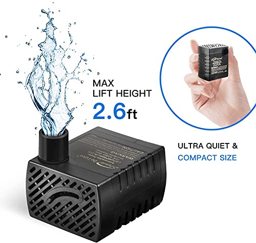 Simple Deluxe 80 GPH Submersible Pump with Adjustable Intake & 6' Waterproof Cord for Hydroponics, Aquaponics, Fountains, Ponds, Statuary, Aquariums & more, Black