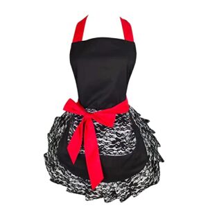 floosum black lace flirty apron with pocket, fun retro sexy cooking pinup aprons for women girls