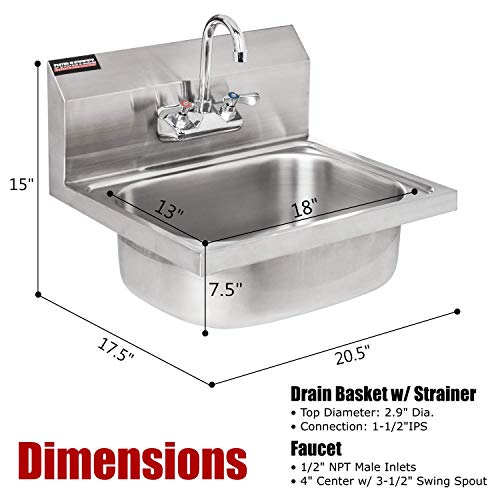 DuraSteel Stainless Steel Sink - Commercial Wall Mount Kitchen Sink - Small Hand Sink with 18" x 13" x 7.5"D Wash Basin - With Sink Strainer and Faucet - For Laundry, Restaurants, Bars, and More