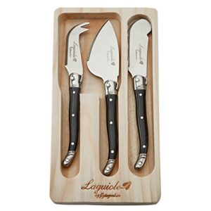 laguiole by flyingcolors butter knife spreader cheese knife set, with wooden gift holder, 3 pieces (black)