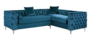 iconic home mozart elegant velvet modern deeply tufted with silver nailhead trim chrome legs right facing sectional sofa, teal