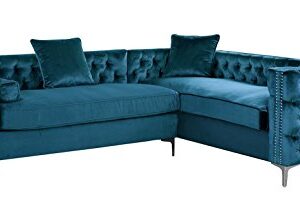 Iconic Home Mozart Elegant Velvet Modern Deeply Tufted with Silver Nailhead Trim Chrome Legs Right Facing Sectional Sofa, Teal