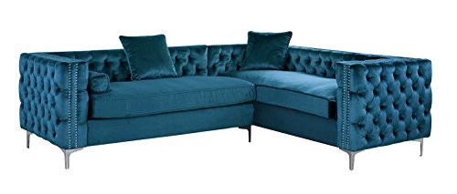 Iconic Home Mozart Elegant Velvet Modern Deeply Tufted with Silver Nailhead Trim Chrome Legs Right Facing Sectional Sofa, Teal