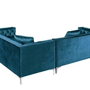 Iconic Home Mozart Elegant Velvet Modern Deeply Tufted with Silver Nailhead Trim Chrome Legs Right Facing Sectional Sofa, Teal