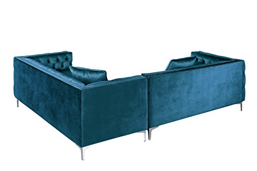 Iconic Home Mozart Elegant Velvet Modern Deeply Tufted with Silver Nailhead Trim Chrome Legs Right Facing Sectional Sofa, Teal