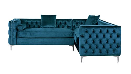 Iconic Home Mozart Elegant Velvet Modern Deeply Tufted with Silver Nailhead Trim Chrome Legs Right Facing Sectional Sofa, Teal