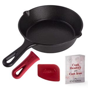 cast iron skillet - 8"-inch frying pan with pour spouts + silicone handle holder cover - pre-seasoned oven safe cookware - indoor/outdoor use - grill, bbq, stovetop, firepit, gas and induction safe