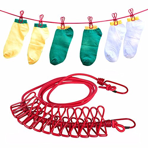 NUZAMAS 2X Clothesline 12 Pegs Clips Portable Expandable Adjustable Retractable Airer for Camping Travel Clothes Laundry Drying Outdoor and Indoor Use Red