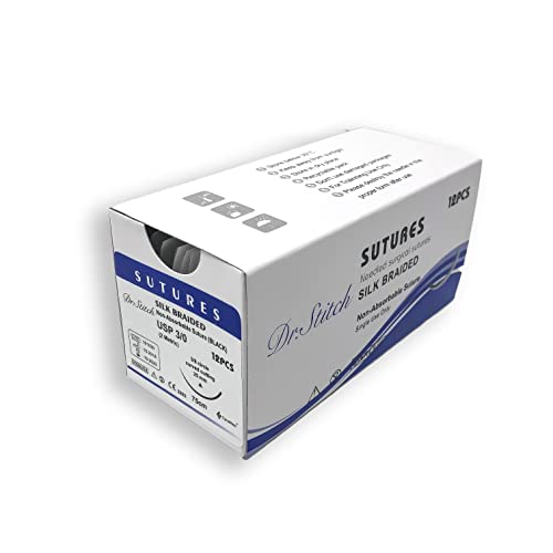 CynaMed Suture Thread with Needle (12-Pack) - Training Sutures Pkg. of 12 - 'Black' Threads (12, 3/0, 25mm Blade, 1/2 Reverse Cutting)