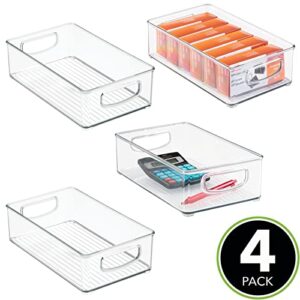 mDesign Small Plastic Office Storage Container Bins w/Handles for Organization in Filing Cabinet, Closet Shelf, Desk Drawers, Organizer for Notes, Pens, Pencils - Ligne Collection, 4 Pack - Clear