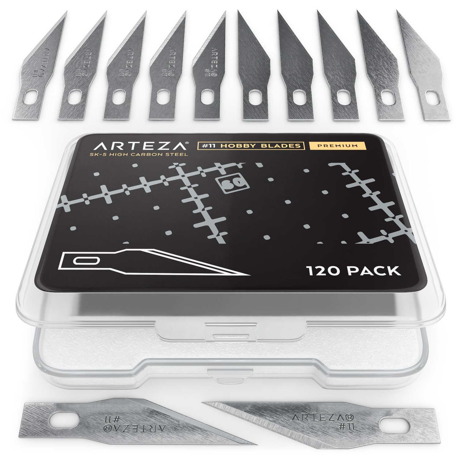 Arteza Hobby Knife Blades, Set of 120, No. 11 Fine-Point Carbon-Steel Art Blades, Craft Supplies for Precision Cutting of Wood, Plastic, Paper, Leather, and Film