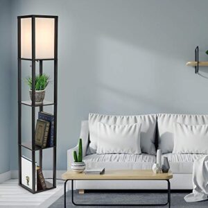 Catalina Lighting 17559-011 Modern Faux Wood Floor Lamp with Shelves and Ivory Linen Shade, 63", Classic Black