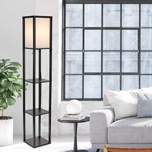 Catalina Lighting 17559-011 Modern Faux Wood Floor Lamp with Shelves and Ivory Linen Shade, 63", Classic Black