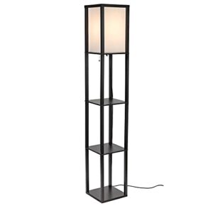 Catalina Lighting 17559-011 Modern Faux Wood Floor Lamp with Shelves and Ivory Linen Shade, 63", Classic Black