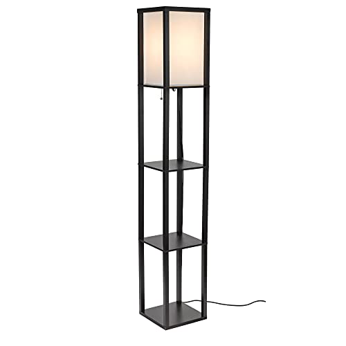 Catalina Lighting 17559-011 Modern Faux Wood Floor Lamp with Shelves and Ivory Linen Shade, 63", Classic Black