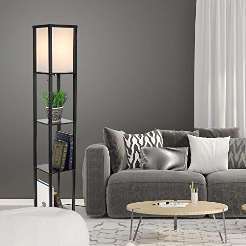 Catalina Lighting 17559-011 Modern Faux Wood Floor Lamp with Shelves and Ivory Linen Shade, 63", Classic Black