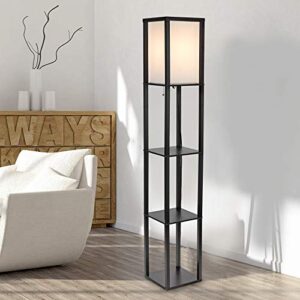 Catalina Lighting 17559-011 Modern Faux Wood Floor Lamp with Shelves and Ivory Linen Shade, 63", Classic Black