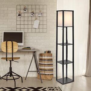 Catalina Lighting 17559-011 Modern Faux Wood Floor Lamp with Shelves and Ivory Linen Shade, 63", Classic Black