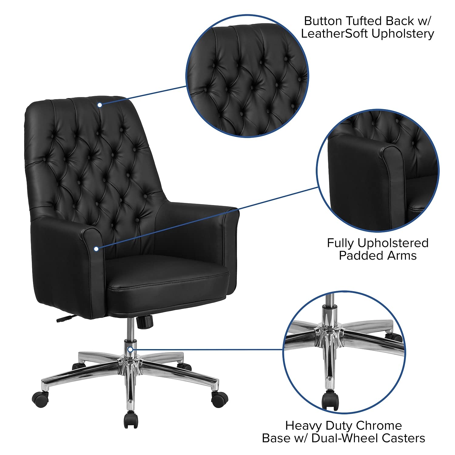 Flash Furniture Hansel Mid-Back Traditional Tufted Black LeatherSoft Executive Swivel Office Chair with Arms