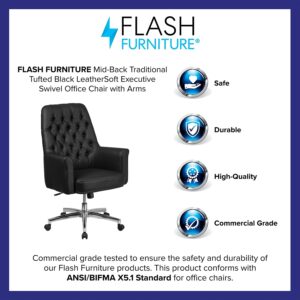 Flash Furniture Hansel Mid-Back Traditional Tufted Black LeatherSoft Executive Swivel Office Chair with Arms