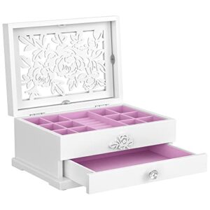songmics jewelry box, 2-tier jewelry organizer with flower carvings, drawer, gift for loved ones, kids, jewelry storage case for rings, earrings, necklaces, bracelets, white ujow201