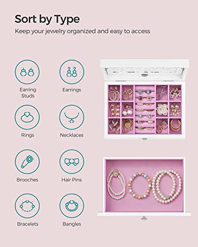 SONGMICS Jewelry Box, 2-Tier Jewelry Organizer with Flower Carvings, Drawer, Gift for Loved Ones, Kids, Jewelry Storage Case for Rings, Earrings, Necklaces, Bracelets, White UJOW201