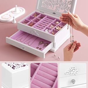 SONGMICS Jewelry Box, 2-Tier Jewelry Organizer with Flower Carvings, Drawer, Gift for Loved Ones, Kids, Jewelry Storage Case for Rings, Earrings, Necklaces, Bracelets, White UJOW201